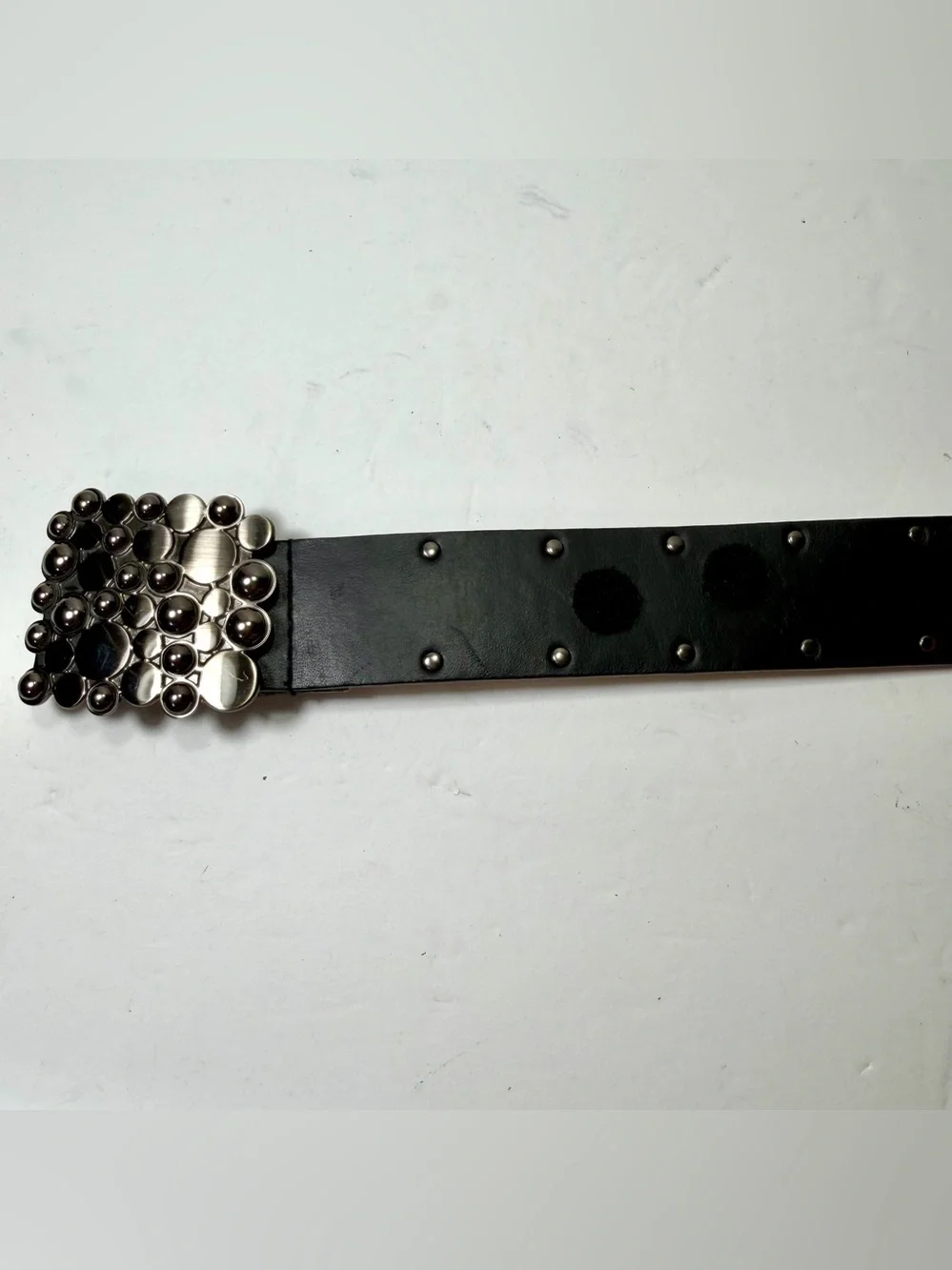 Vintage Calvin Klein Black Leather Belt Women L Studded Mosaic Statement Buckle